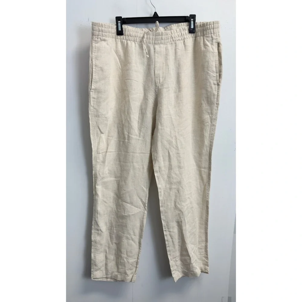 H&M Mens XL Regular Fit Linen Pants Beige Oatmeal Elastic Waist Drawstring